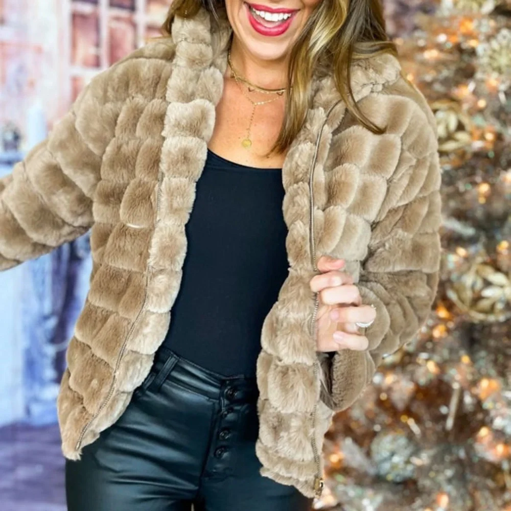 Taupe Faux Fur Zip Up Jacket - Picture 4 of 4